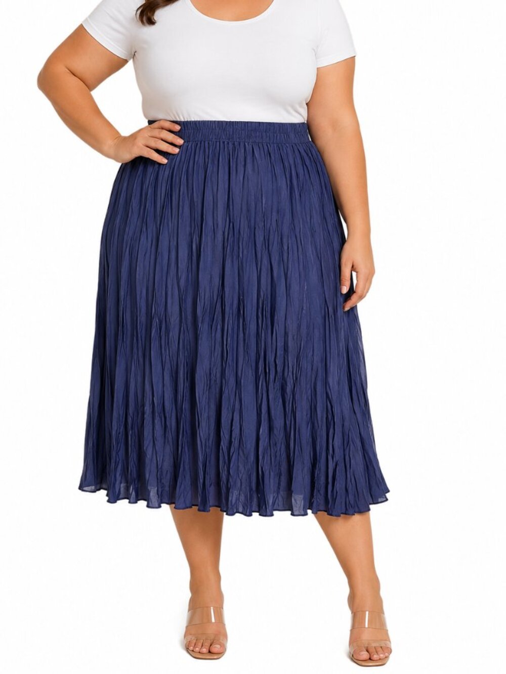 *3 FOR $9* Time and Tru Satin Pleated Midi Calf Length Solid Navy Skirt XL 16/18